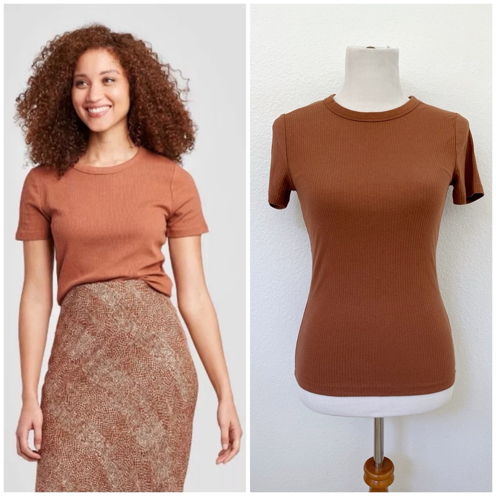 EUC - A New Day - Slim Fit Ribbed Short Sleeve T-Shirt | Burnt Orange/Rust | XS
